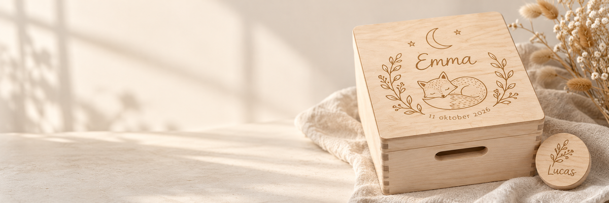 Voorbeeld van een persoonlijk AI-ontwerp met vosje, naam en datum op een houten bewaardoos