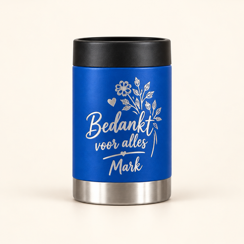Neutraal hoofdbeeld van blikkoeler als zorgbedankje met naam – 330 ml