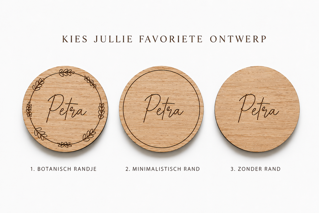 Gepersonaliseerde Houten Naamkaartjes voor Bruiloft – Eiken Fineer - 3 ontwerpen