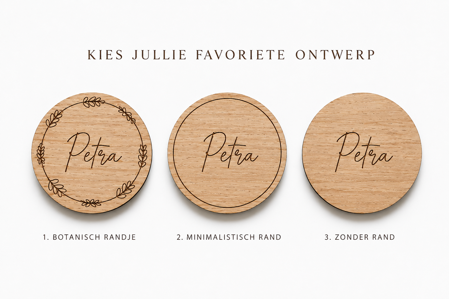 Gepersonaliseerde Houten Naamkaartjes voor Bruiloft – Eiken Fineer - 3 ontwerpen