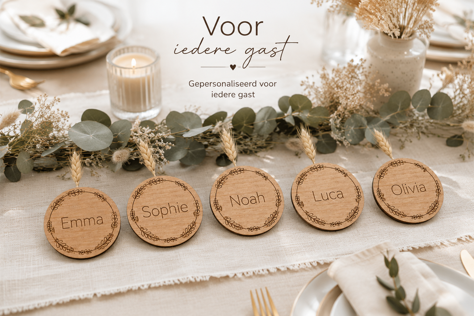 Gepersonaliseerde Houten Naamkaartjes voor Bruiloft – Eiken Fineer - 3 ontwerpen