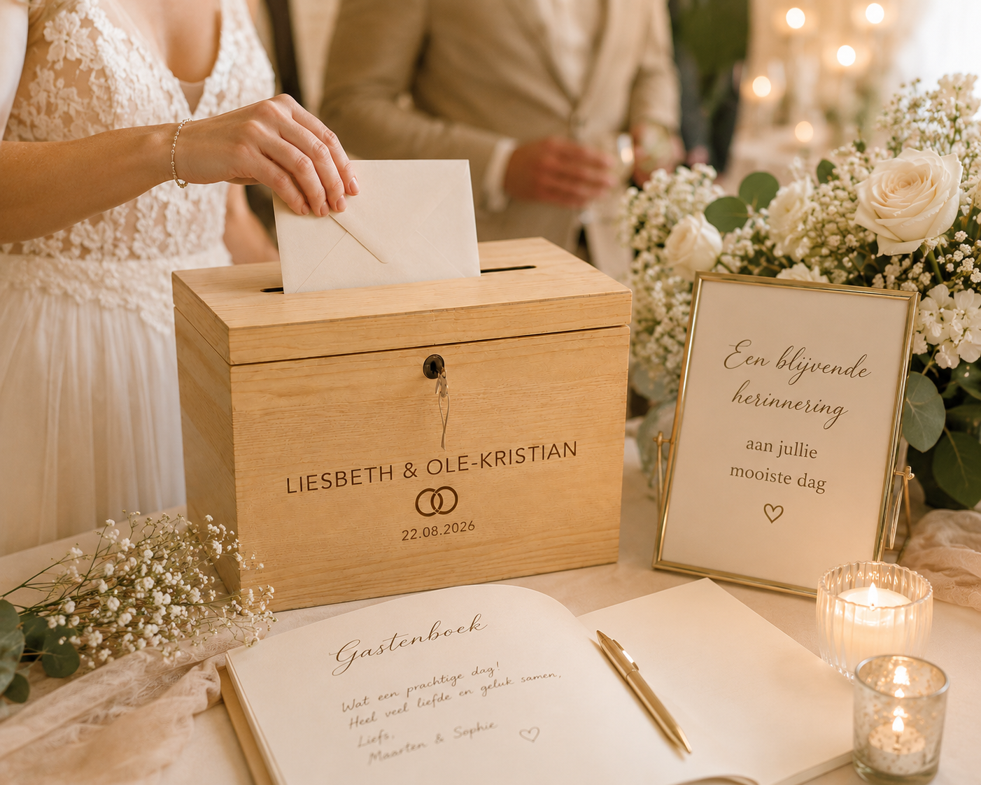 Gepersonaliseerde Enveloppendoos Bruiloft met Sleutel – Houten Kaartenbox met Namen & Datum