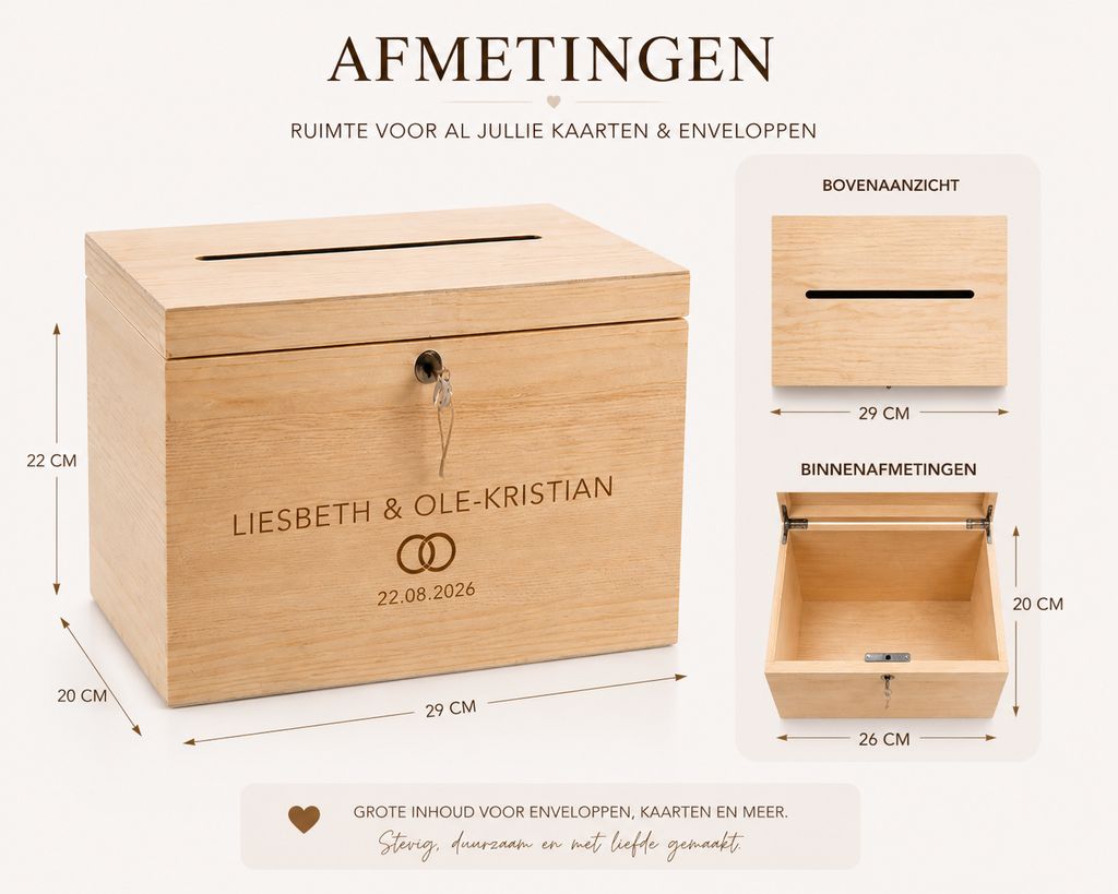 Gepersonaliseerde Enveloppendoos Bruiloft met Sleutel – Houten Kaartenbox met Namen & Datum