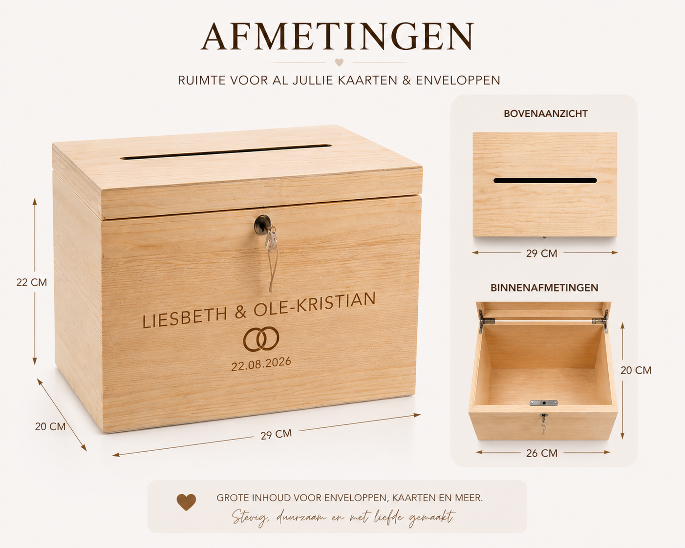 Gepersonaliseerde Enveloppendoos Bruiloft met Sleutel – Houten Kaartenbox met Namen & Datum
