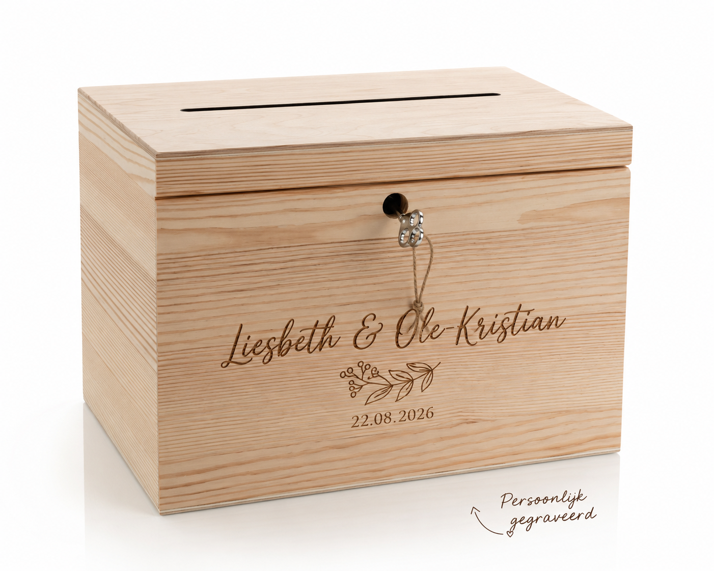 Gepersonaliseerde Enveloppendoos Bruiloft met Sleutel – Houten Kaartenbox met Namen & Datum
