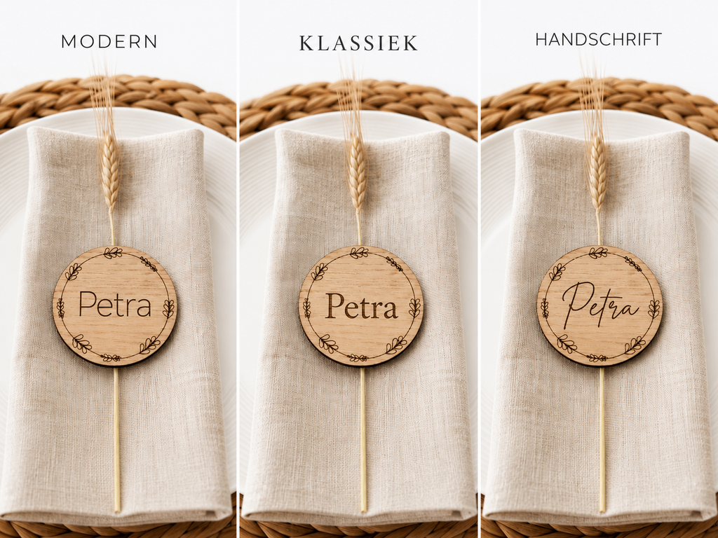 Gepersonaliseerde Houten Naamkaartjes voor Bruiloft – Eiken Fineer - 3 ontwerpen