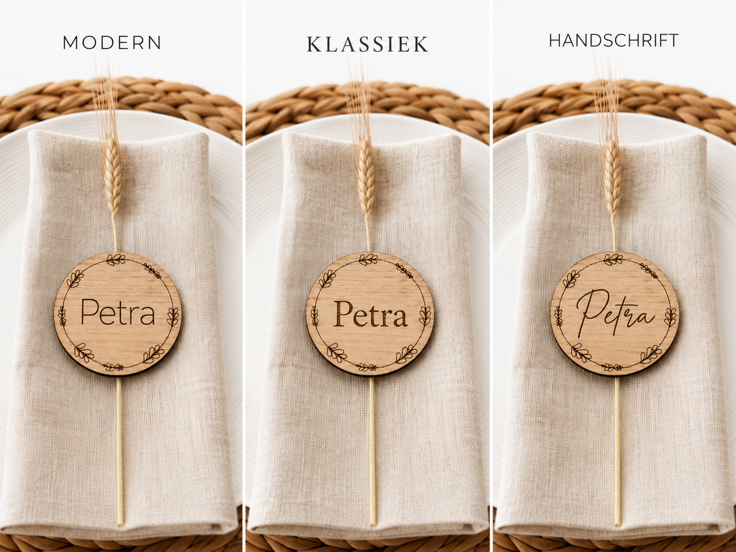 Gepersonaliseerde Houten Naamkaartjes voor Bruiloft – Eiken Fineer - 3 ontwerpen