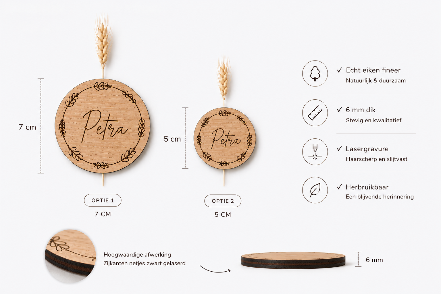 Gepersonaliseerde Houten Naamkaartjes voor Bruiloft – Eiken Fineer - 3 ontwerpen