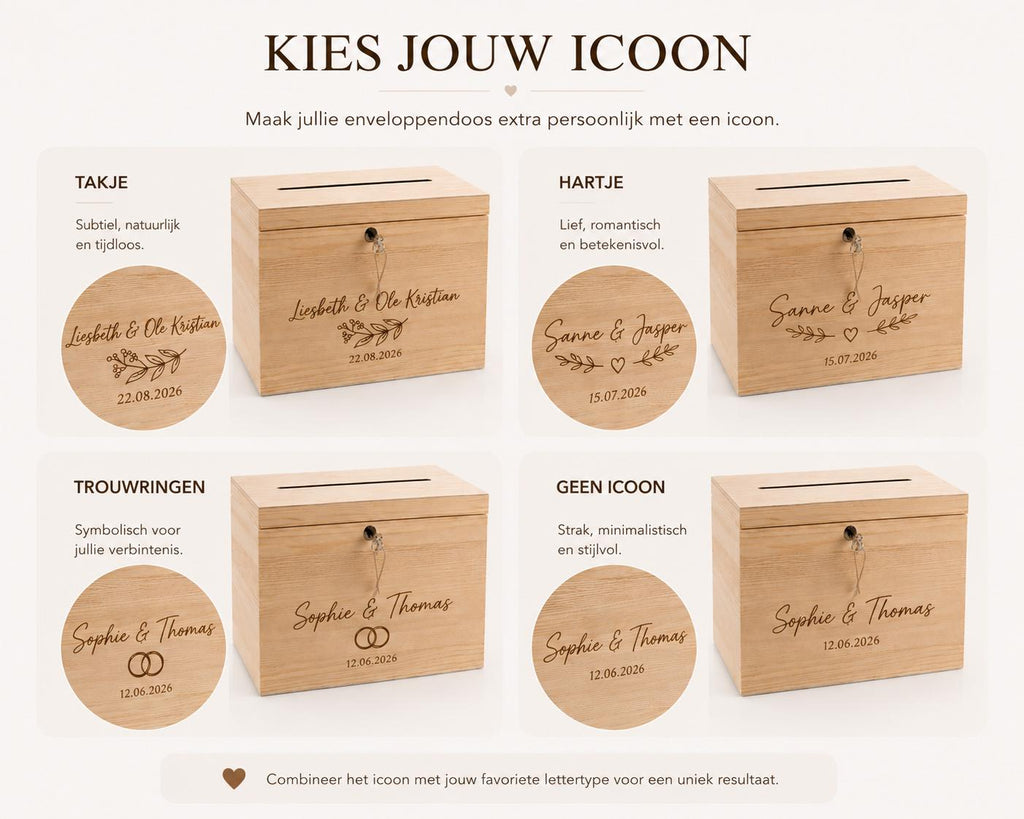 Gepersonaliseerde Enveloppendoos Bruiloft met Sleutel – Houten Kaartenbox met Namen & Datum