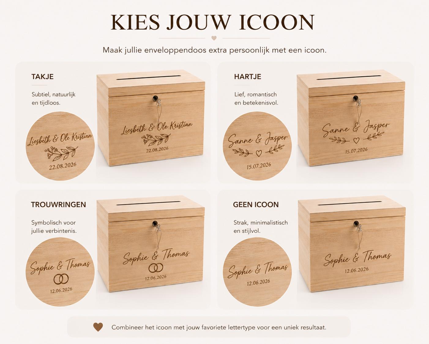 Gepersonaliseerde Enveloppendoos Bruiloft met Sleutel – Houten Kaartenbox met Namen & Datum