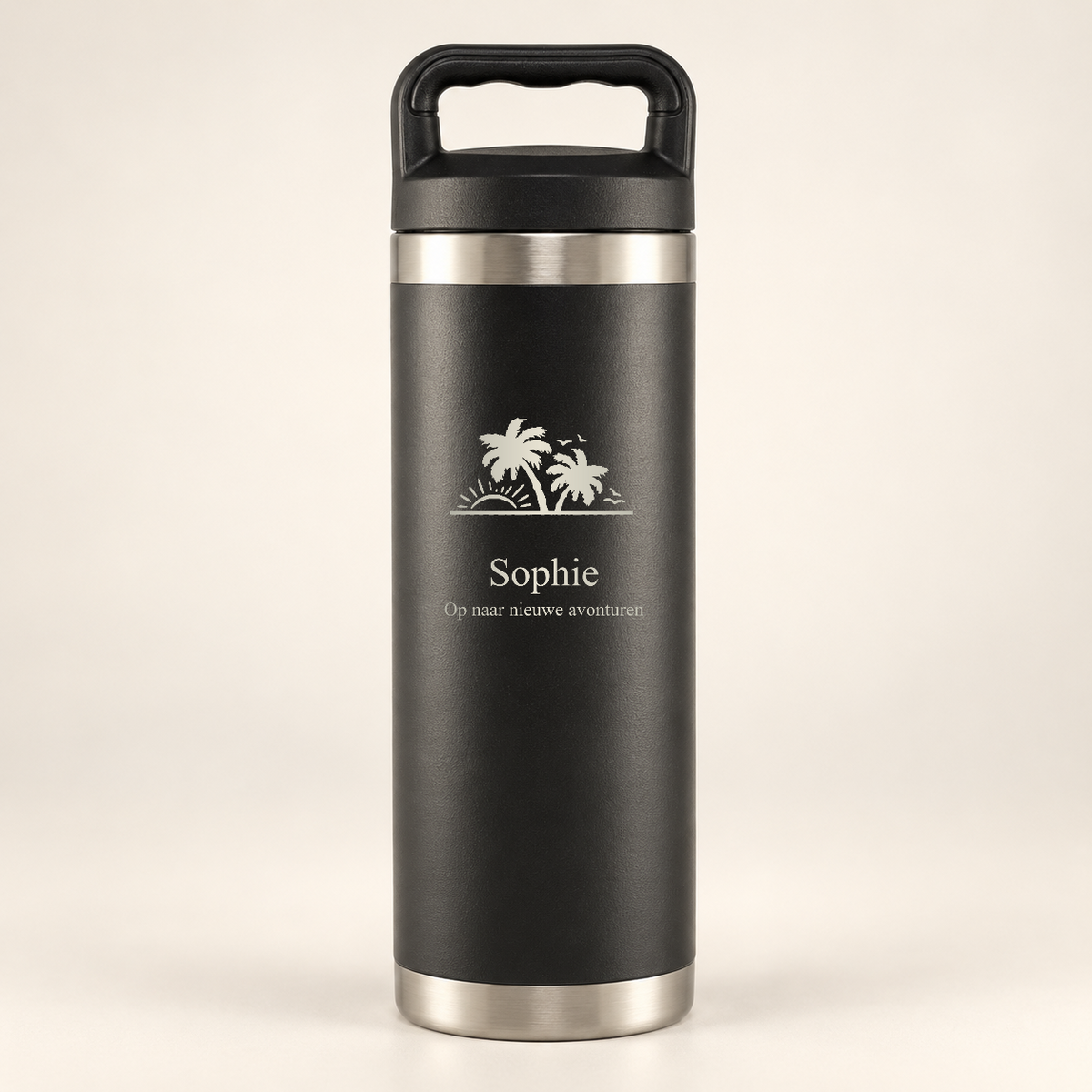 Zwarte thermosfles 500 ml met palmbomen en naam Sophie