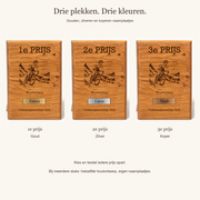 Eerste, tweede en derde prijs met bijpassende kleur naamplaatje