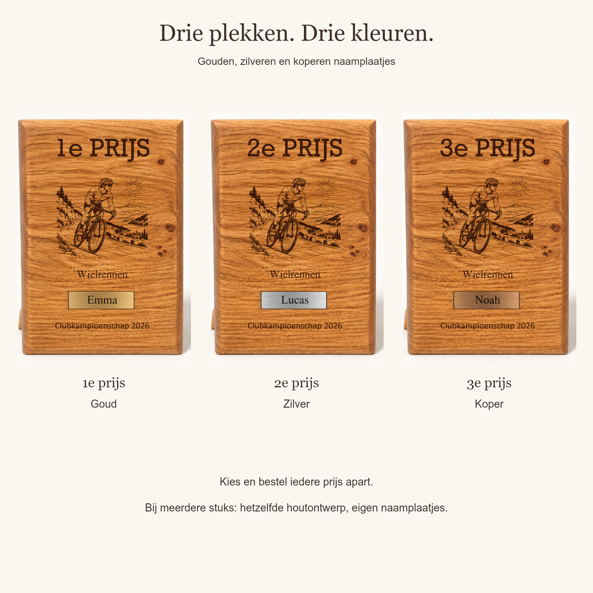 Eerste, tweede en derde prijs met bijpassende kleur naamplaatje