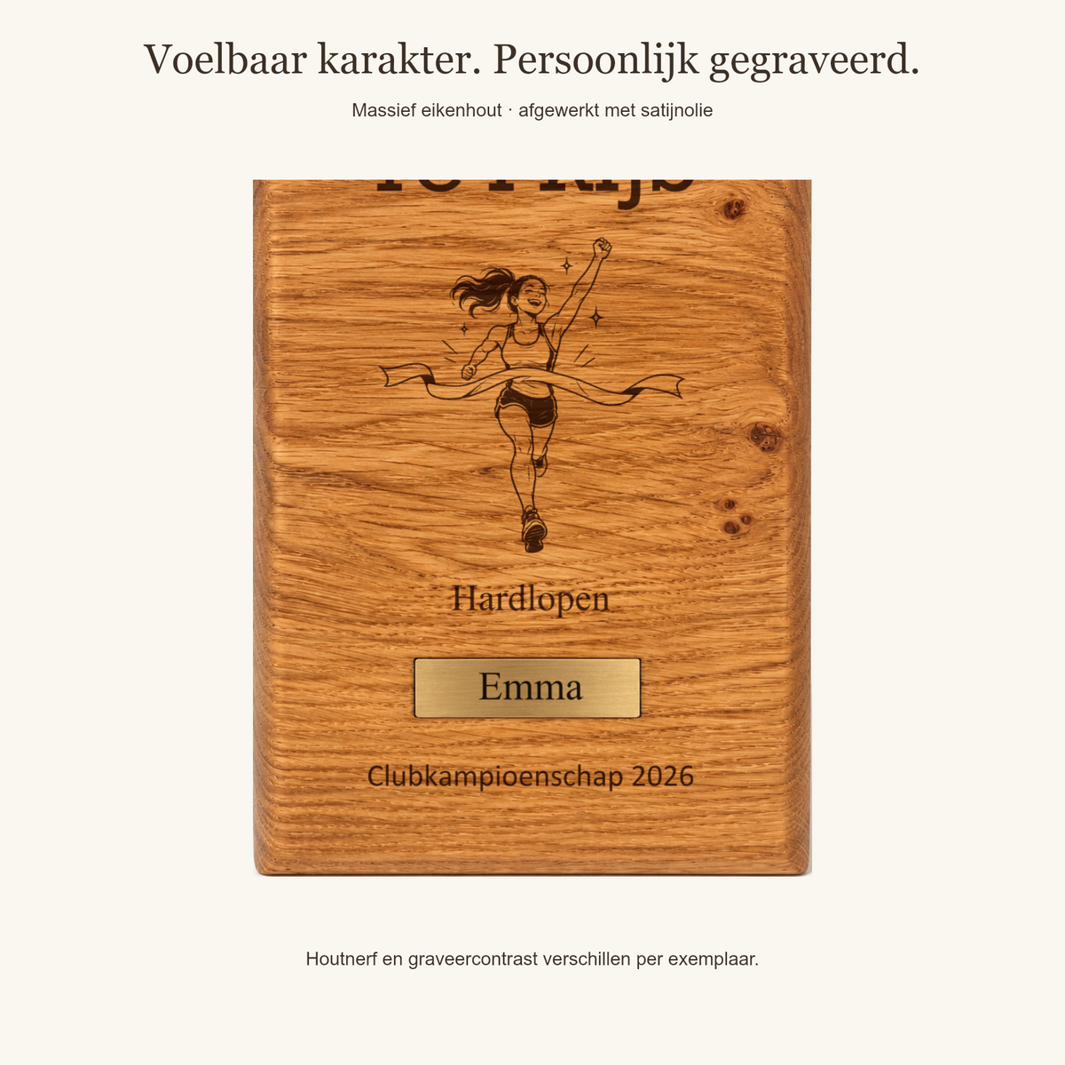 Detail van hardloopgravure en persoonlijk naamplaatje