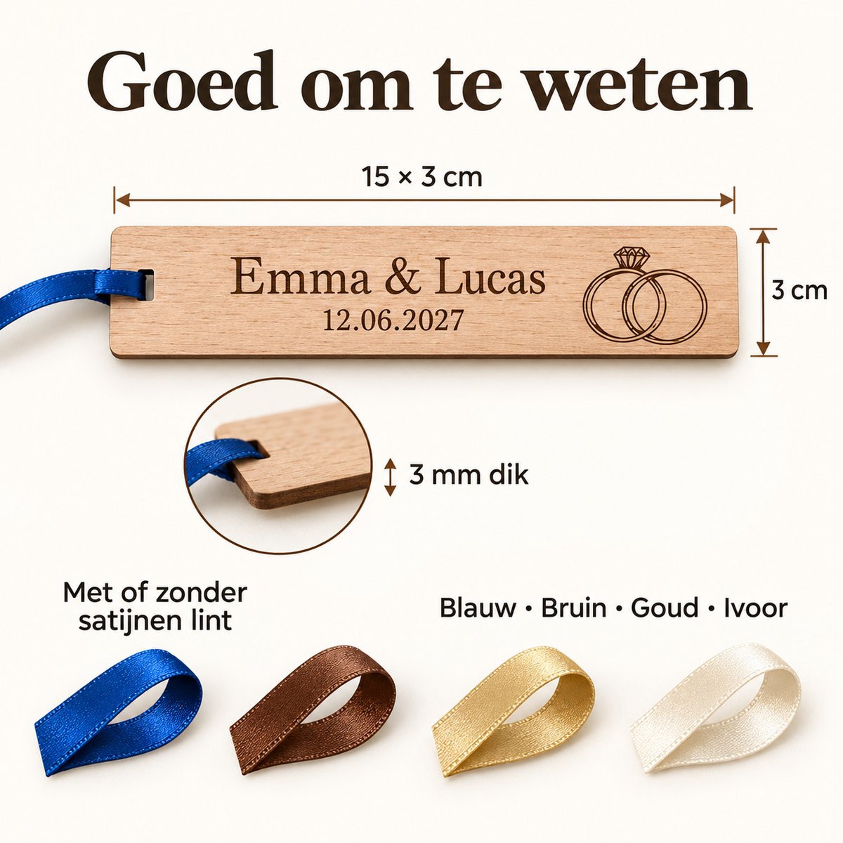 Houten boekenleggers met persoonlijke gravure — Afmetingen en beschikbare uitvoeringen