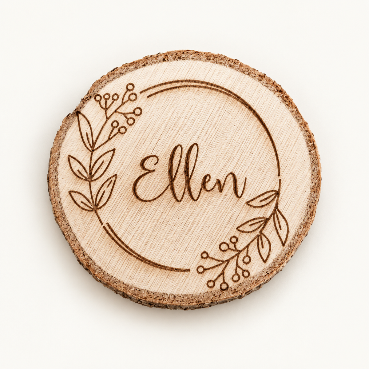 Boomstamschijfje met naam Ellen en originele botanische gravure, bewerkte productfoto