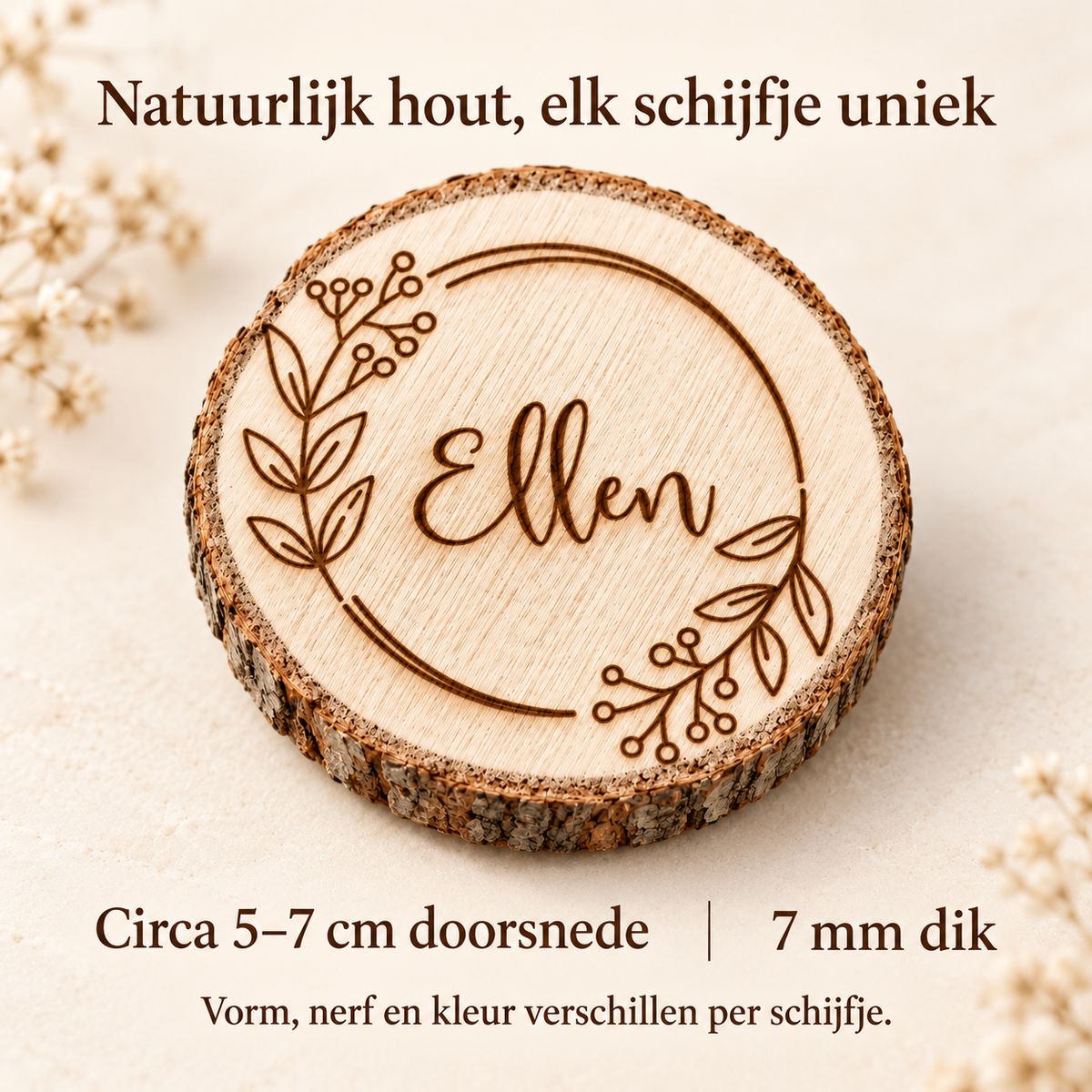 Boomstamschijfjes: circa 5–7 cm doorsnede en 7 mm dik, natuurlijke variatie