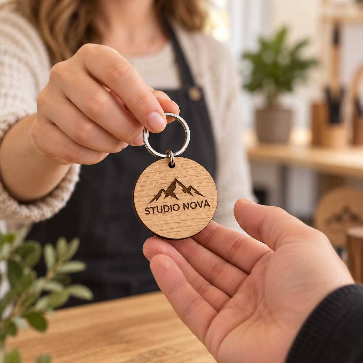 Een houten sleutelhanger met bedrijfslogo als relatiegeschenk; sfeerbeeld
