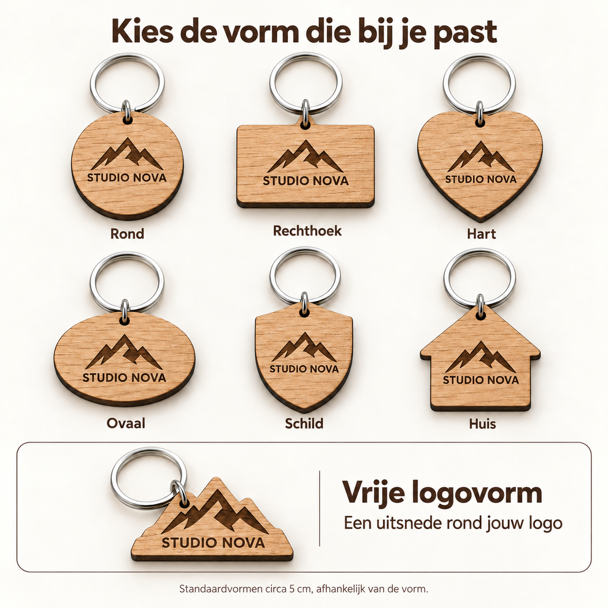 Zes standaardvormen en een vrije logovorm; standaardvormen circa 5 cm