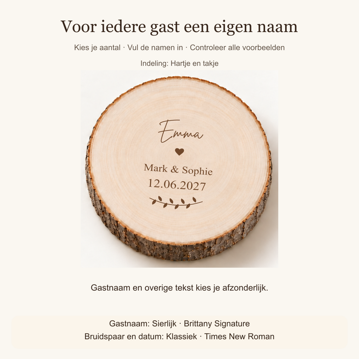 Personaliseren: aantal kiezen, namen invullen en voorbeelden controleren. Gastnaam: Sierlijk (Brittany Signature); bruidspaar en datum: Klassiek (Times New Roman).