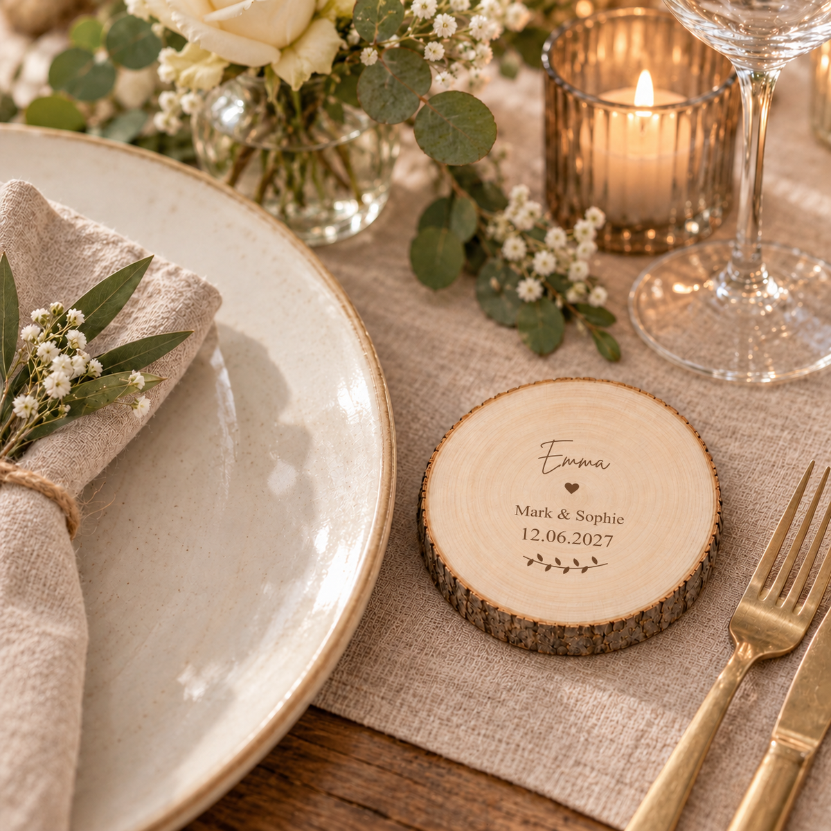 Trouwbedankje op een feestelijk gedekte tafel; accessoires niet inbegrepen. Gastnaam: Sierlijk (Brittany Signature); bruidspaar en datum: Klassiek (Times New Roman).
