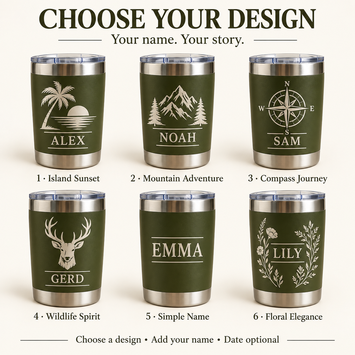 Zes ontwerpkeuzes: Island Sunset, Mountain Adventure, Compass Journey, Wildlife Spirit, Simple Name en Floral Elegance