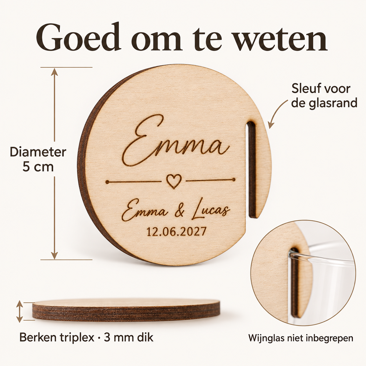 Houten glasmarkeerders met naam voor bruiloft en diner — Afmetingen en beschikbare uitvoeringen