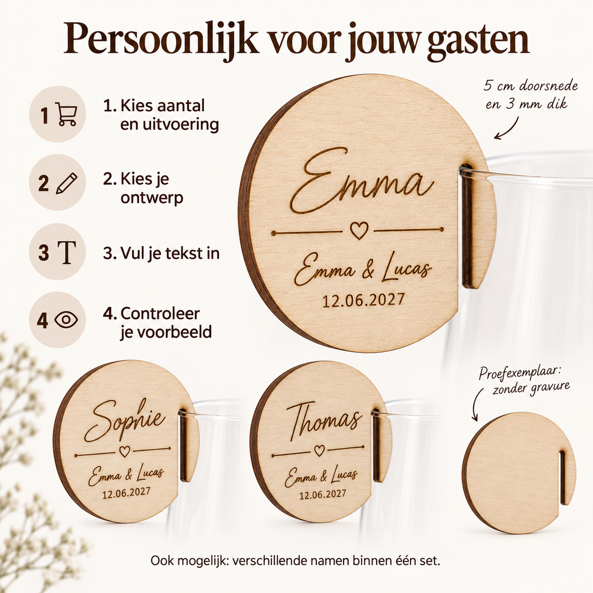 Houten glasmarkeerders met naam voor bruiloft en diner — Zo werkt personaliseren en controleren