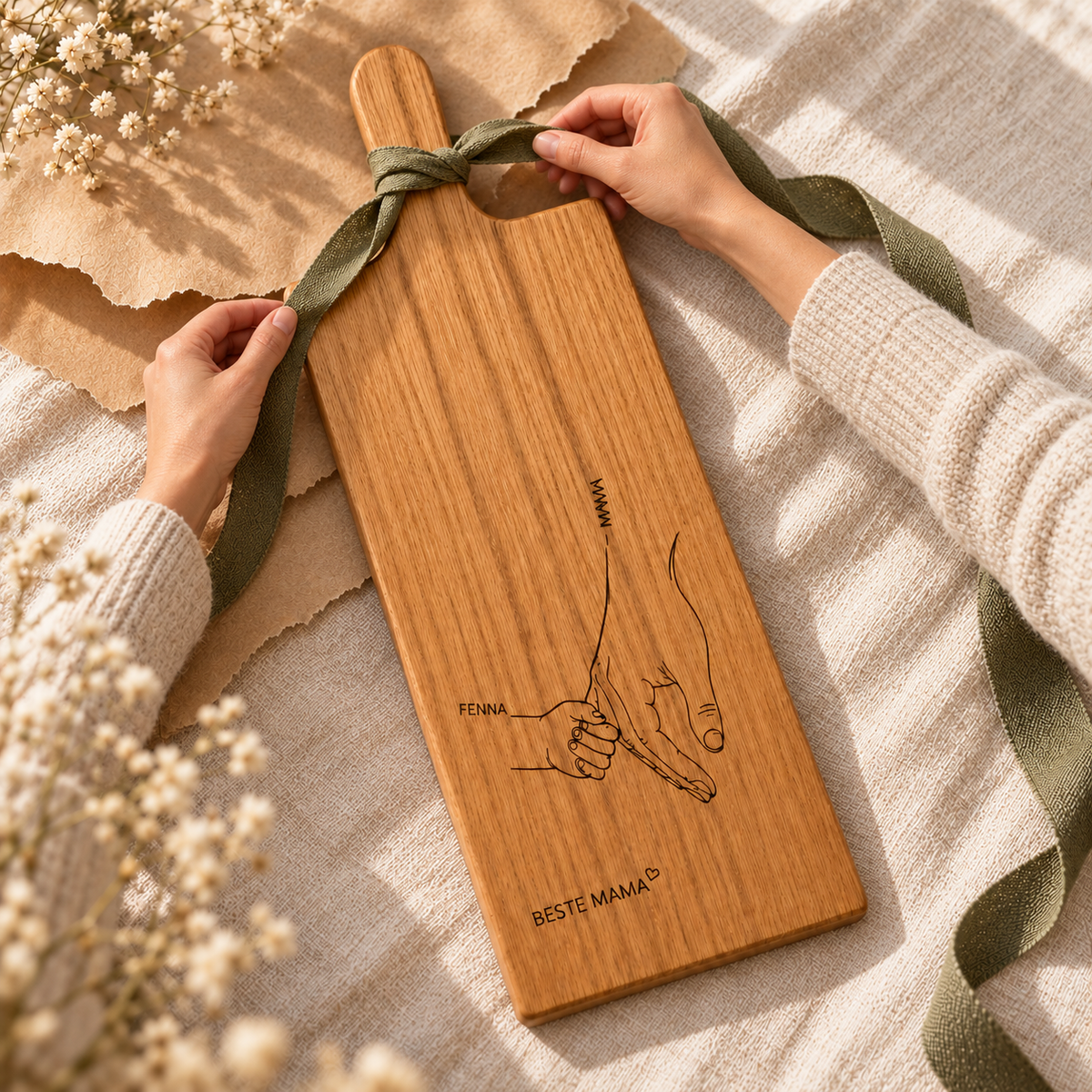 Eiken serveerplank met Moeder & Kind-gravure, ingepakt als persoonlijk cadeau