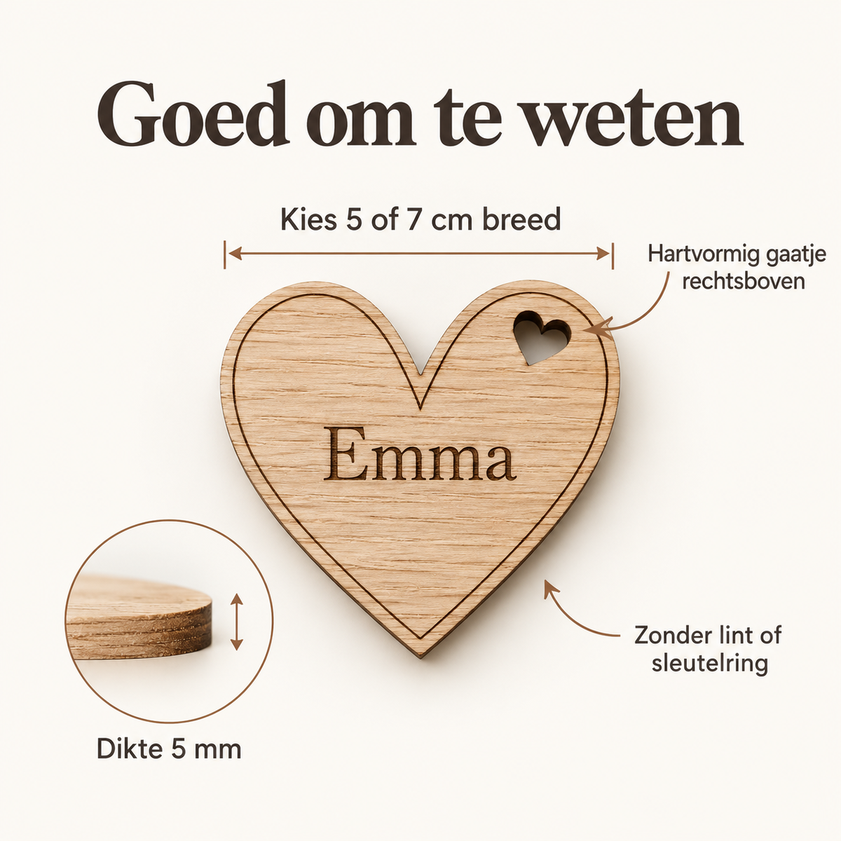 Houten hartjes met naam – persoonlijke naamkaartjes — Afmetingen en beschikbare uitvoeringen