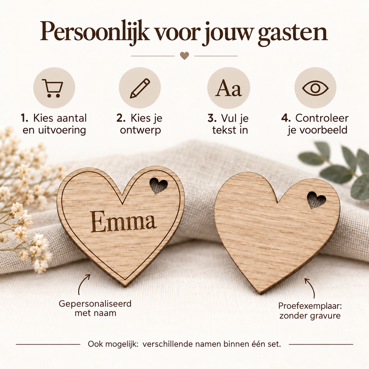 Houten hartjes met naam – persoonlijke naamkaartjes — Zo werkt personaliseren en controleren