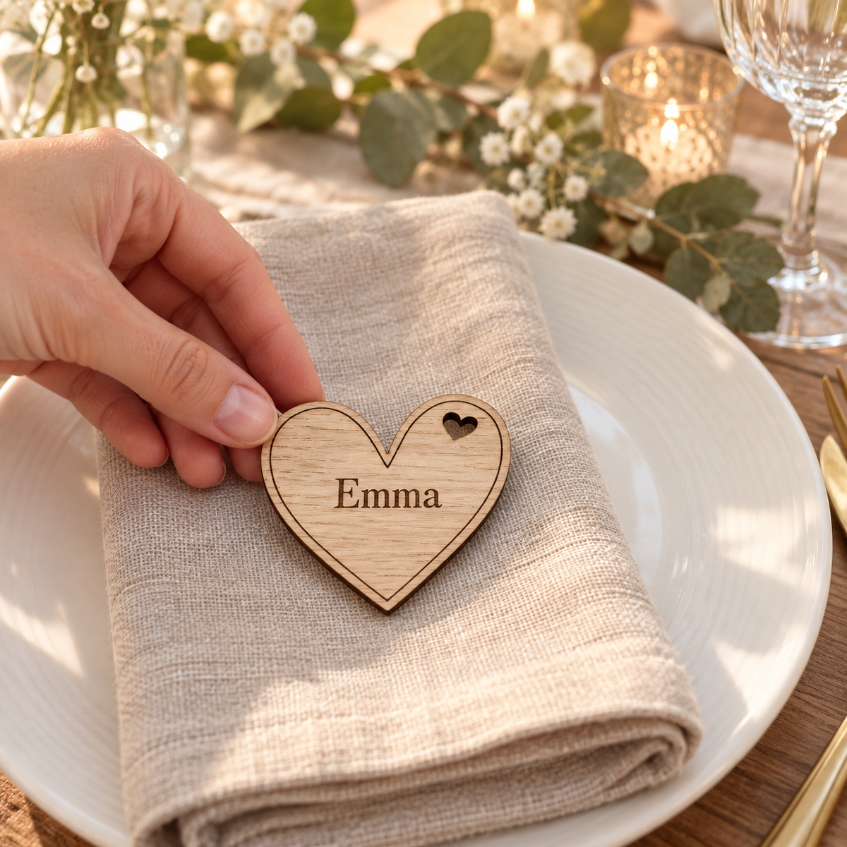 Houten hartjes met naam – persoonlijke naamkaartjes — Sfeerbeeld: product in gebruik; accessoires dienen ter illustratie