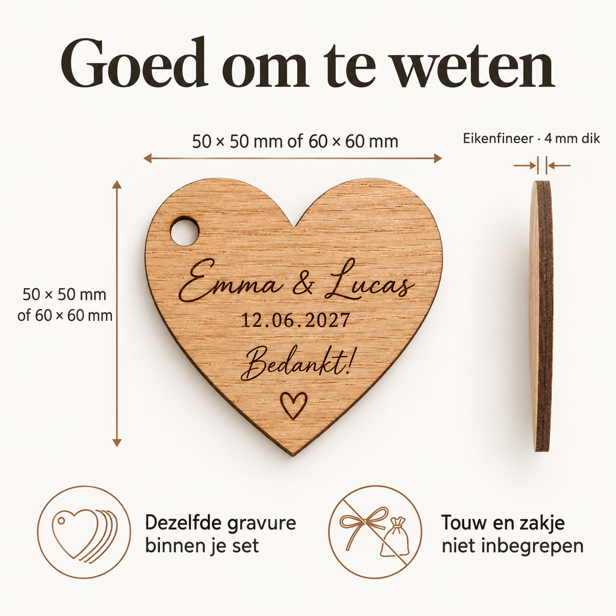 Houten hartlabels met namen en datum voor trouwbedankjes — Afmetingen en beschikbare uitvoeringen