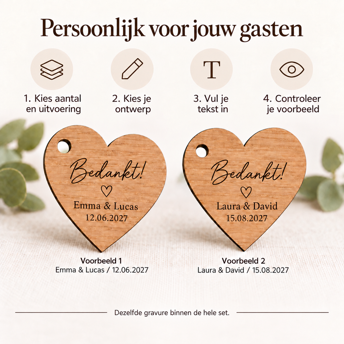 Houten hartlabels met namen en datum voor trouwbedankjes — Zo werkt personaliseren en controleren