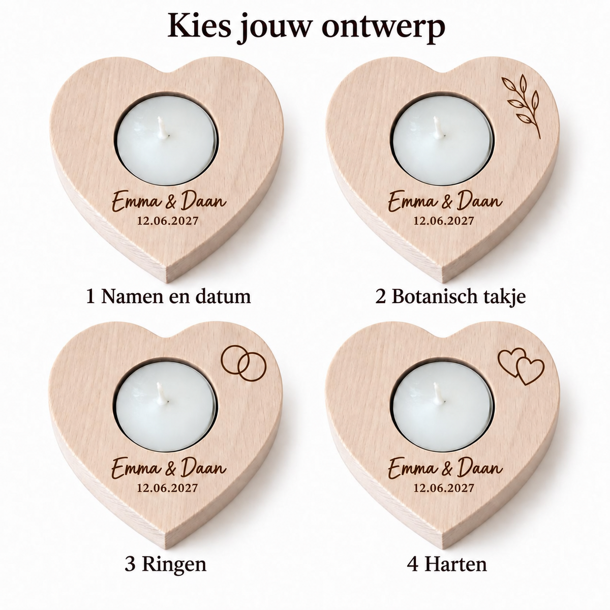 Ontwerpkeuzes: 1. Namen en datum, 2. Botanisch takje, 3. Ringen, 4. Harten