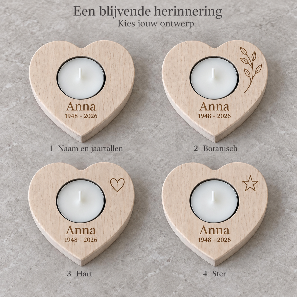 Ontwerpkeuzes: 1. Naam en jaartallen, 2. Botanisch, 3. Hart, 4. Ster