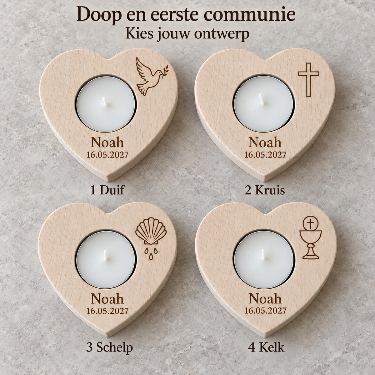 Ontwerpkeuzes: 1. Duif, 2. Kruis, 3. Schelp, 4. Kelk
