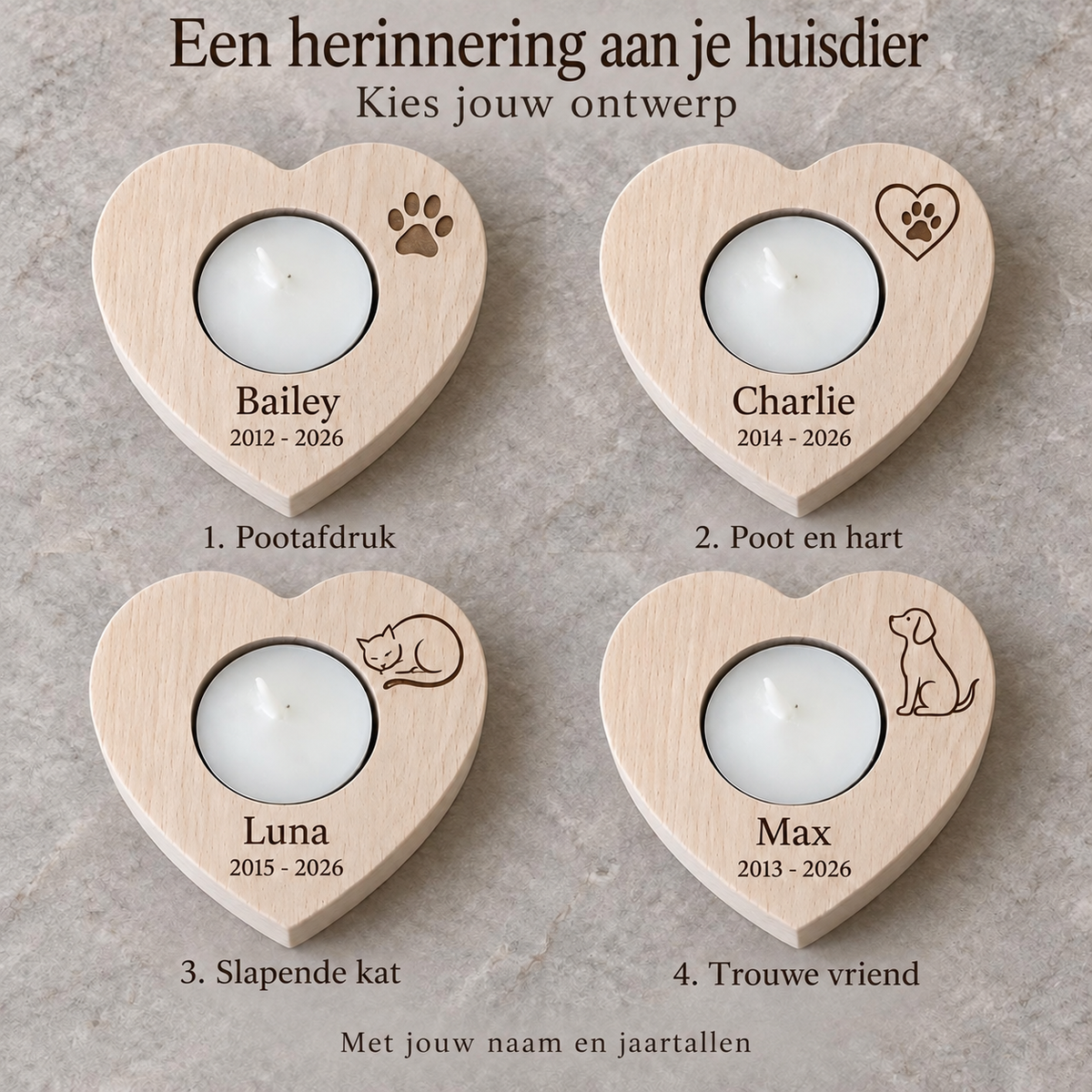Ontwerpkeuzes: 1. Pootafdruk, 2. Poot en hart, 3. Slapende kat, 4. Trouwe vriend