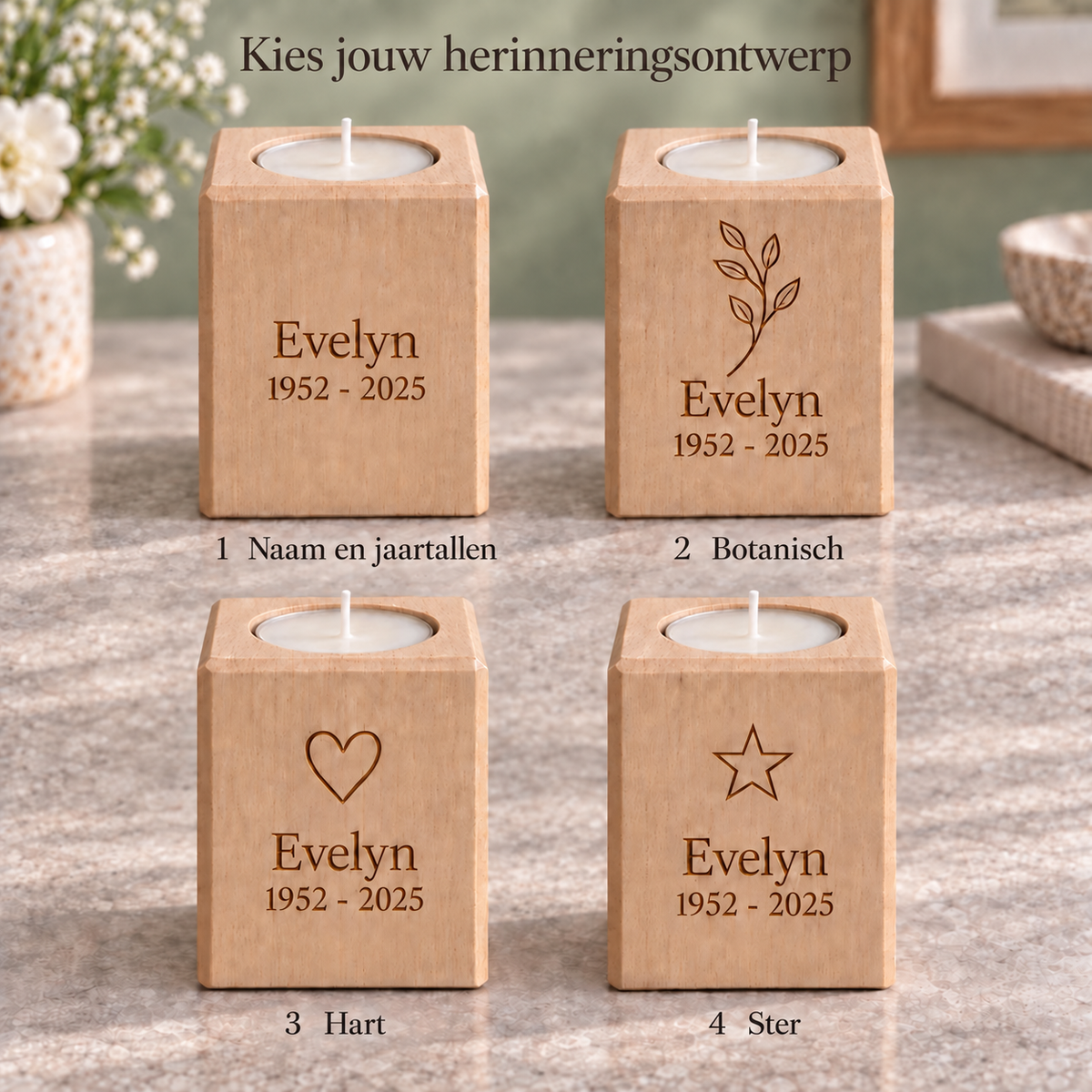 Ontwerpkeuzes: 1. Naam en jaartallen, 2. Botanisch, 3. Hart, 4. Ster