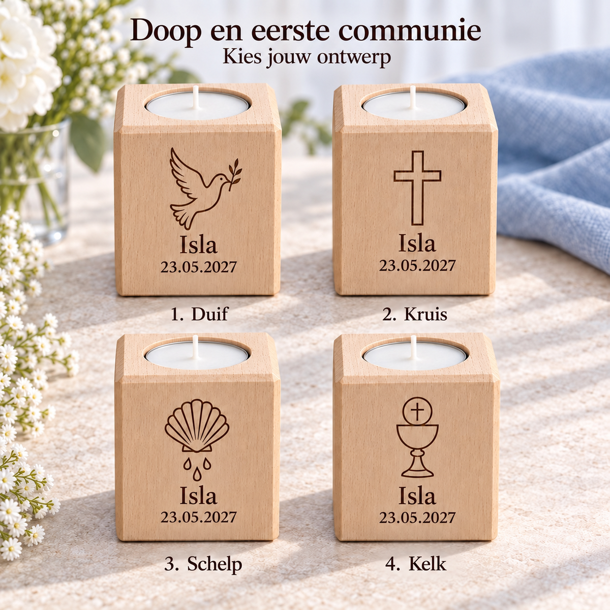 Ontwerpkeuzes: 1. Duif, 2. Kruis, 3. Schelp, 4. Kelk