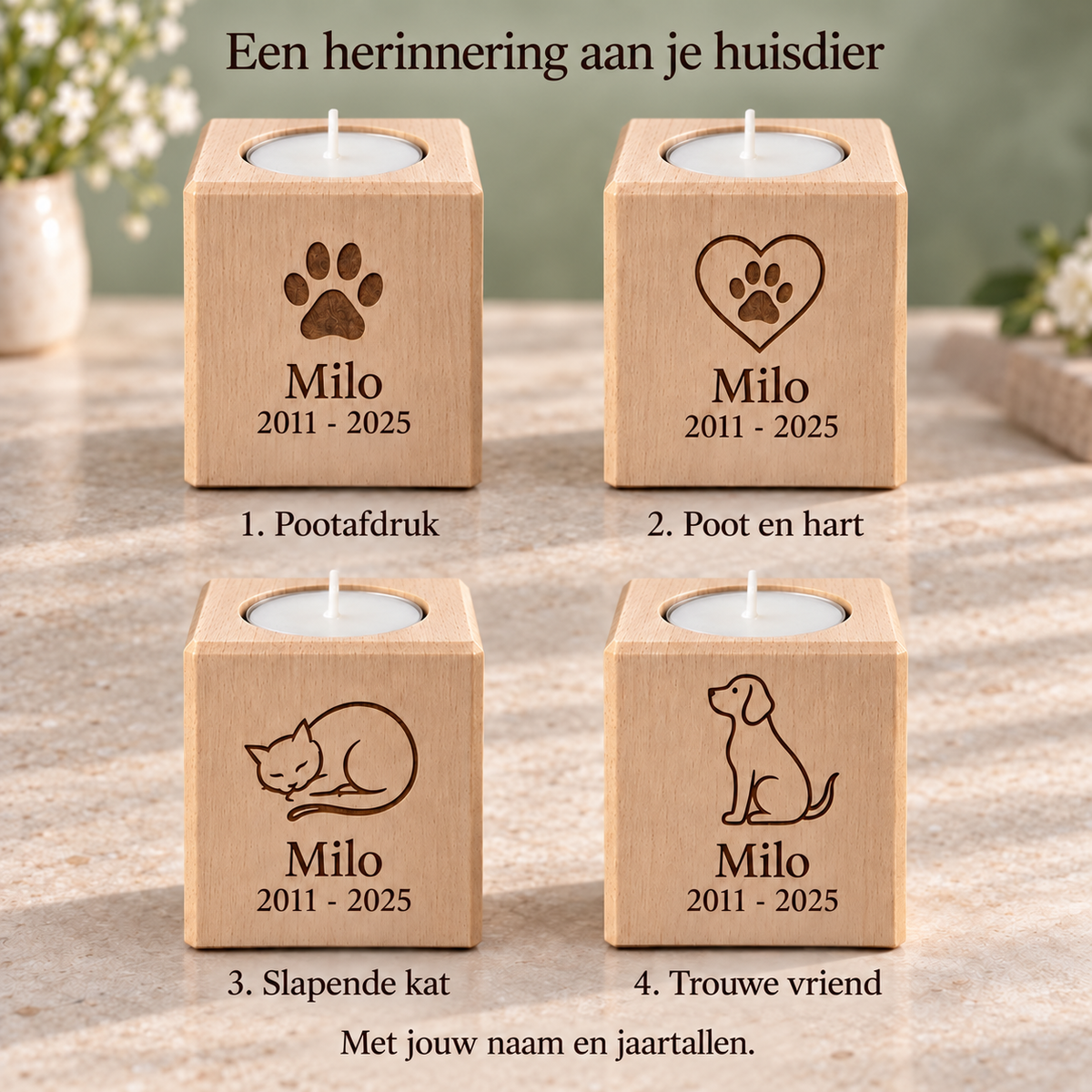 Ontwerpkeuzes: 1. Pootafdruk, 2. Poot en hart, 3. Slapende kat, 4. Trouwe vriend