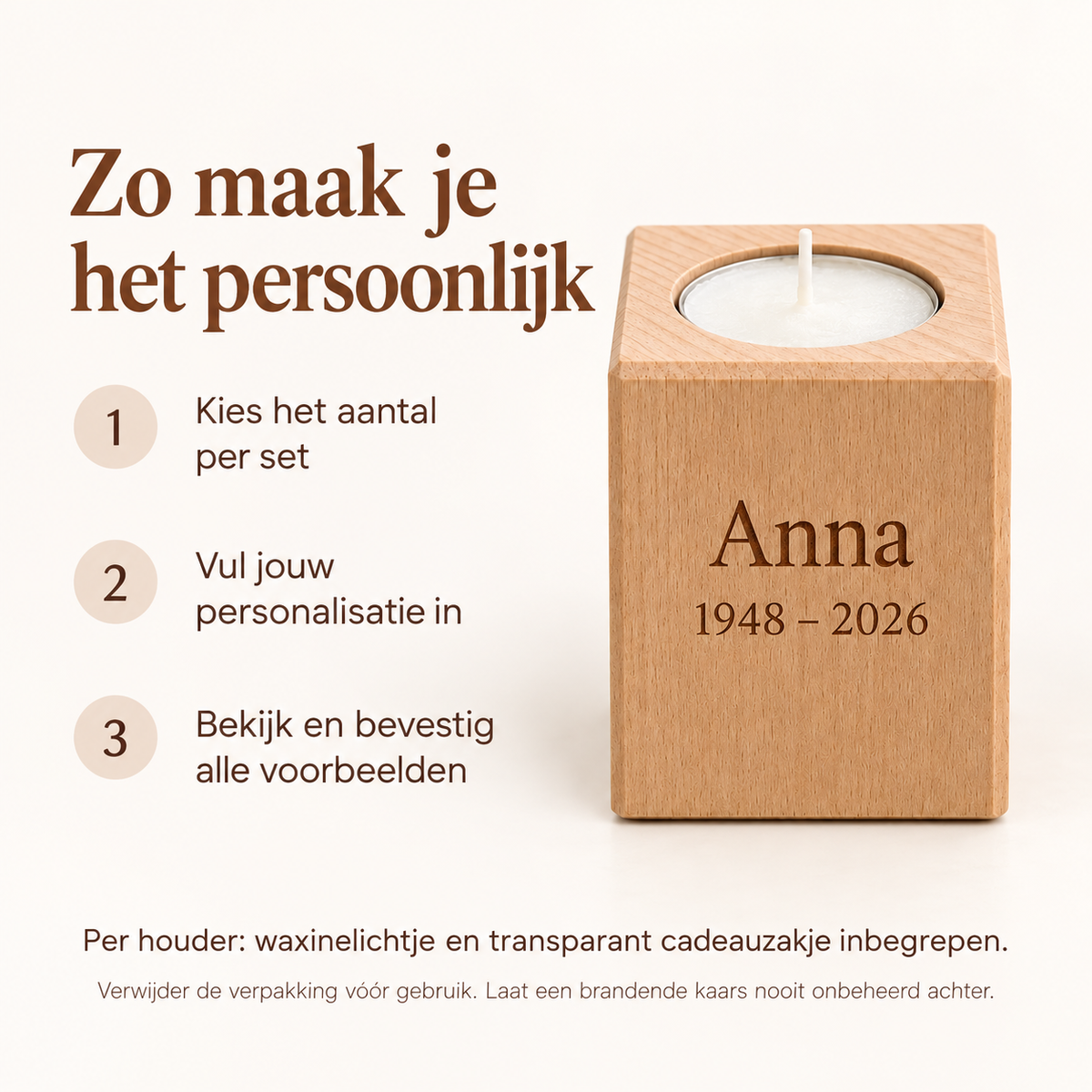 Zo personaliseer je: kies je aantal, vul je tekst in en controleer alle voorbeelden
