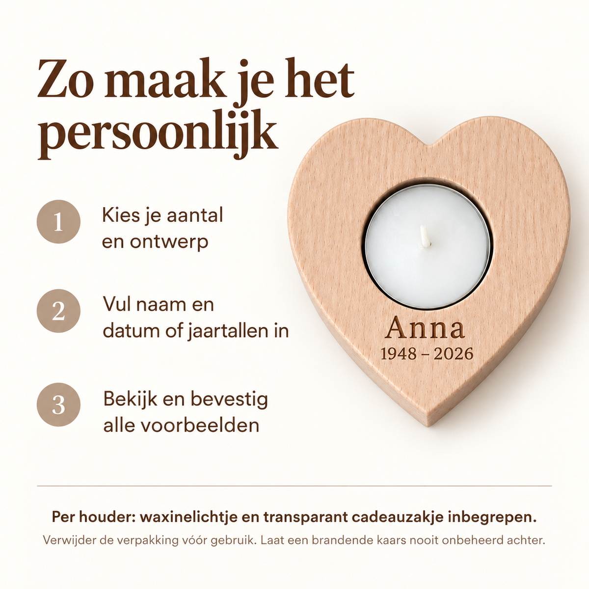 Zo personaliseer je: kies je aantal, vul je tekst in en controleer alle voorbeelden