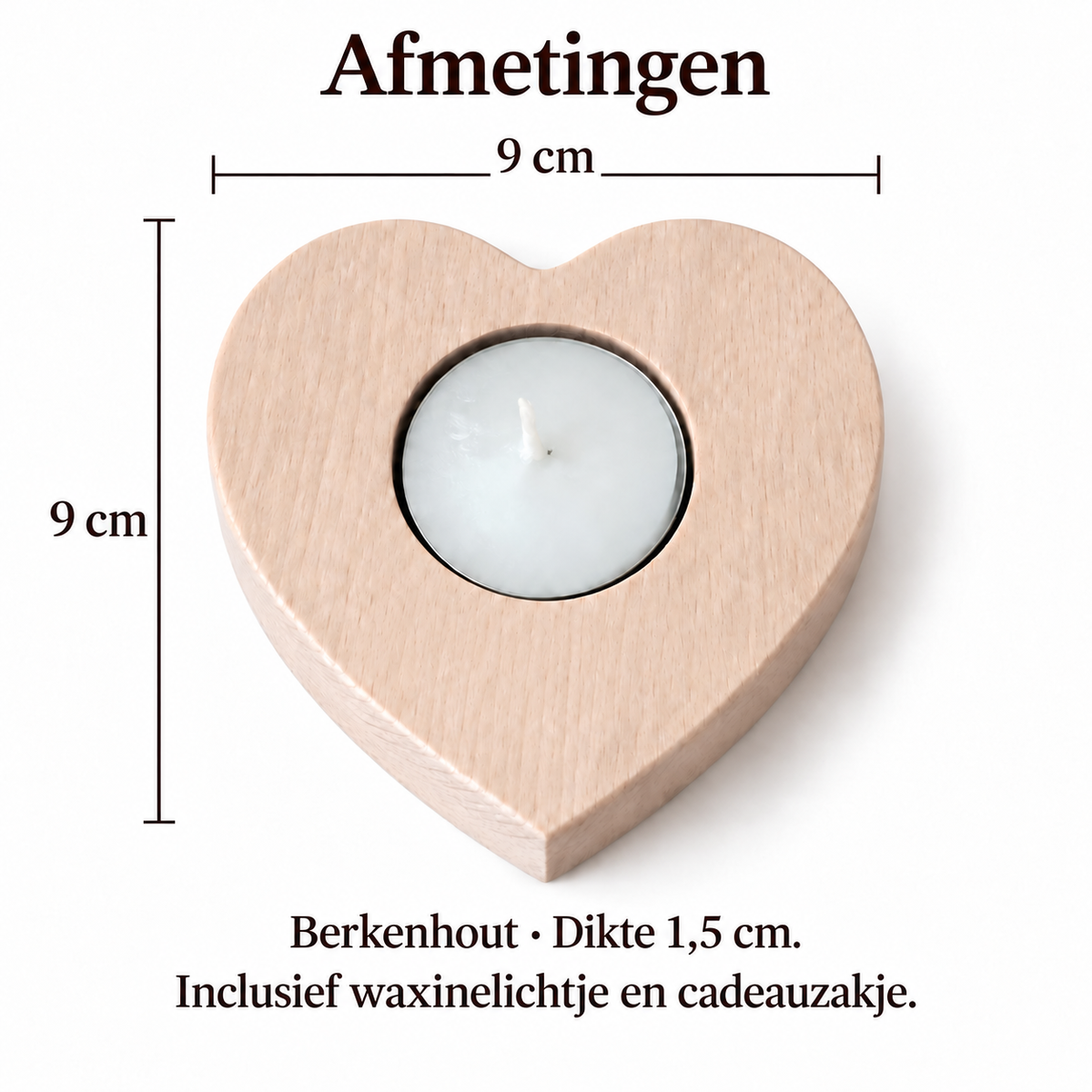 Afmetingen 9 × 9 cm; 1,5 cm dik; inclusief waxinelichtje en cadeauzakje