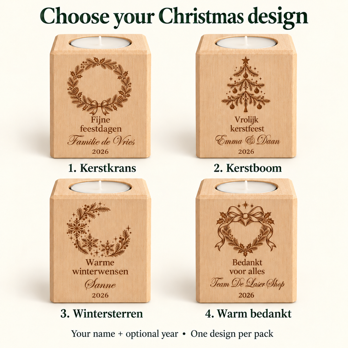 Vier kerstontwerpen: Kerstkrans, Kerstboom, Wintersterren en Warm bedankt