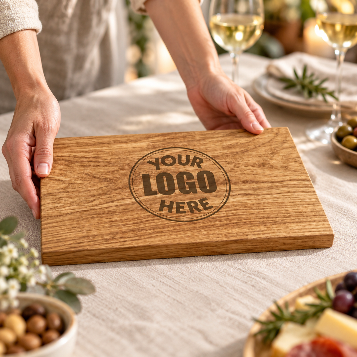 Eiken serveerplank met eigen logo – productvoorbeeld