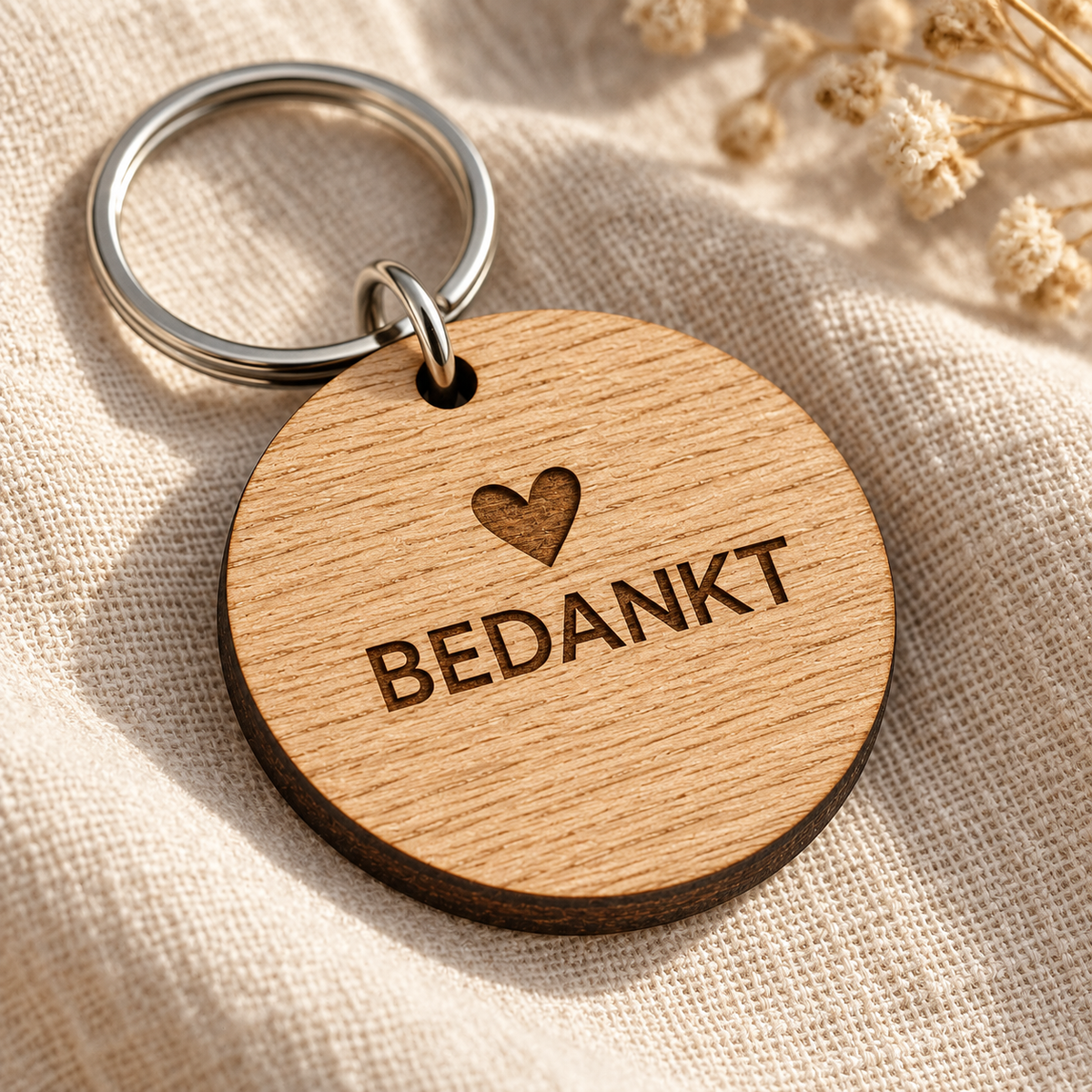 Houten sleutelhangers met eigen tekst of logo — Detail van materiaal en persoonlijke gravure