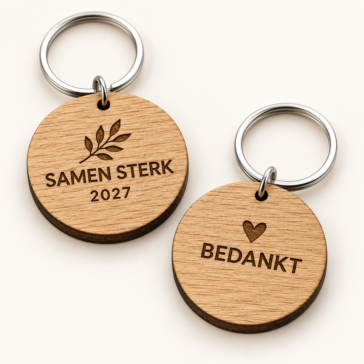 Houten sleutelhangers met eigen tekst of logo – voorbeeldgravure op een neutrale achtergrond