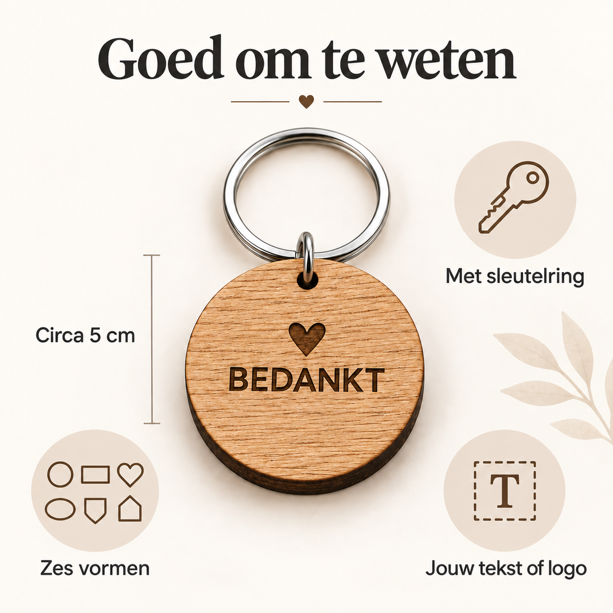Houten sleutelhangers met eigen tekst of logo — Afmetingen en beschikbare uitvoeringen