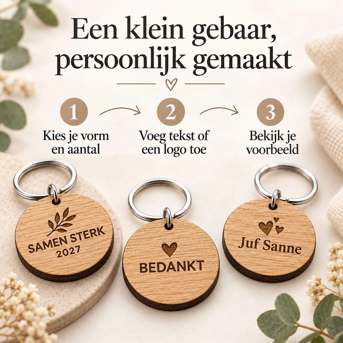 Houten sleutelhangers met eigen tekst of logo — Zo werkt personaliseren en controleren